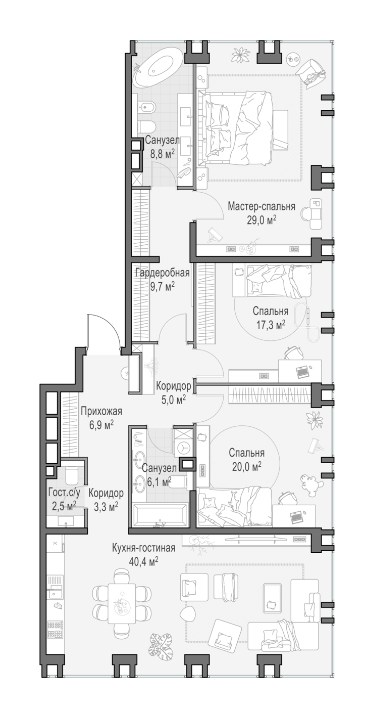 3 комн. квартира, 149.8 м², 20 этаж 