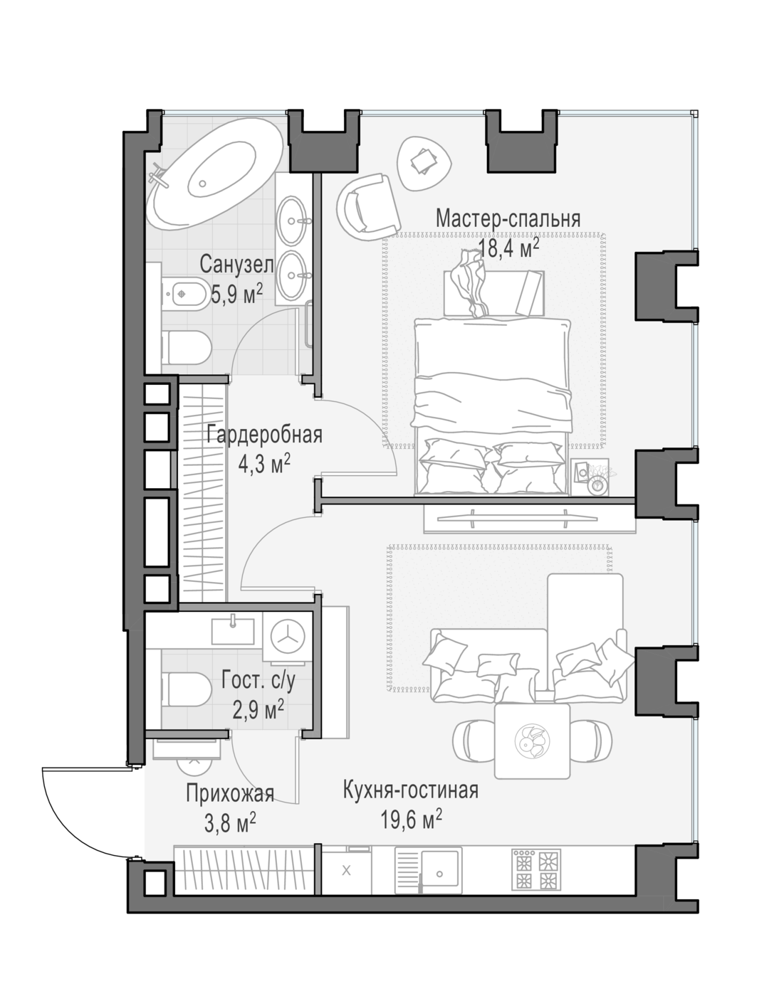 1 комн. квартира, 55.5 м², 5 этаж 