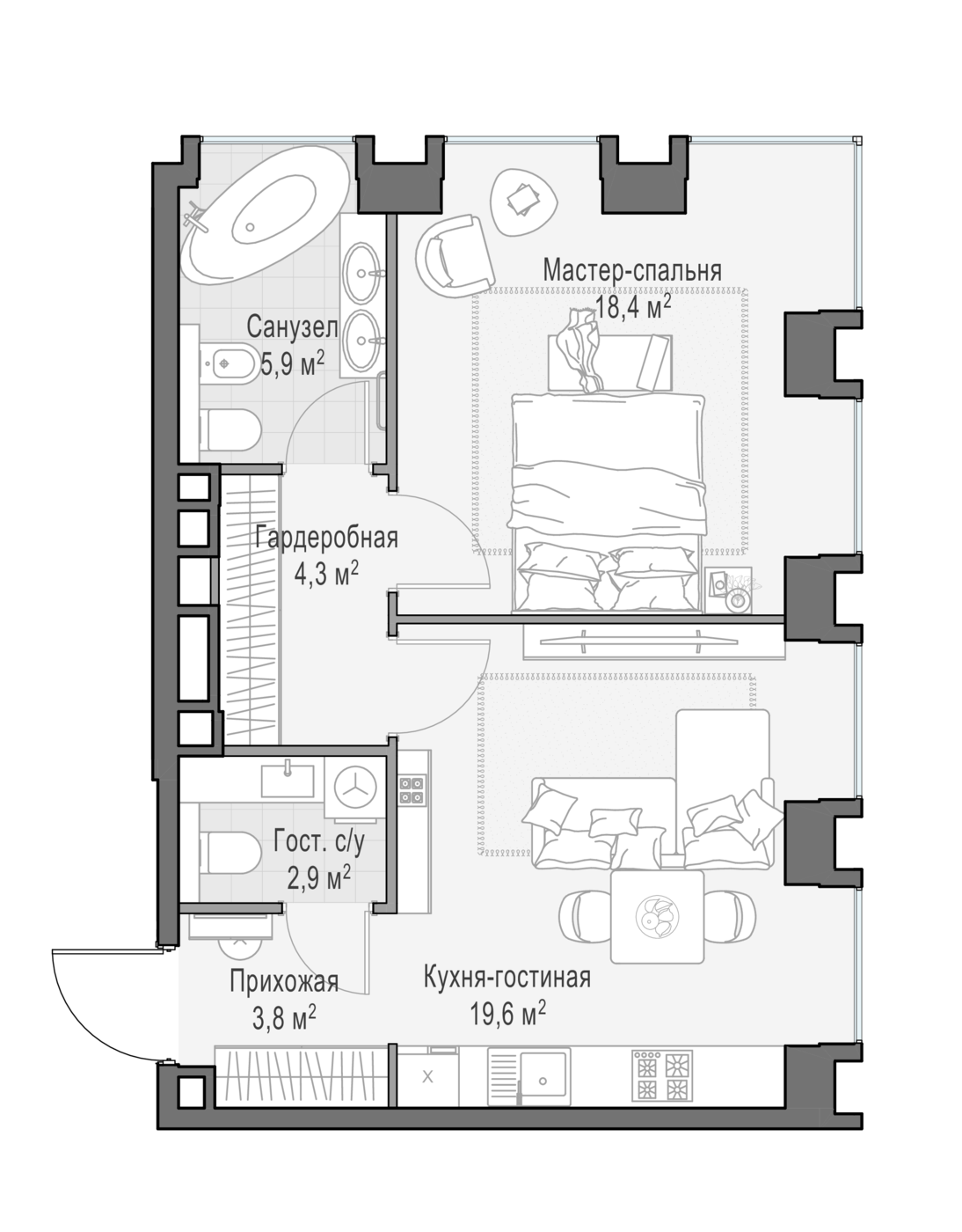 1 комн. квартира, 55.5 м², 3 этаж 