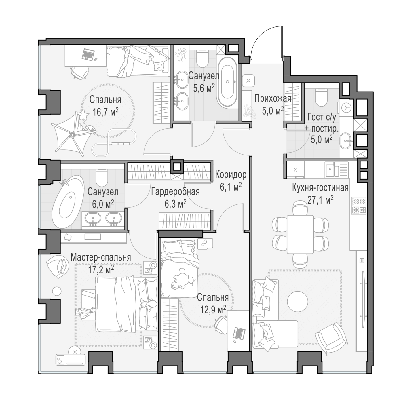 3 комн. квартира, 108.4 м², 9 этаж 
