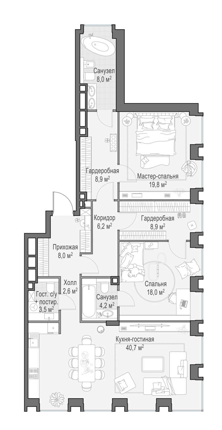 2 комн. квартира, 129.9 м², 18 этаж 