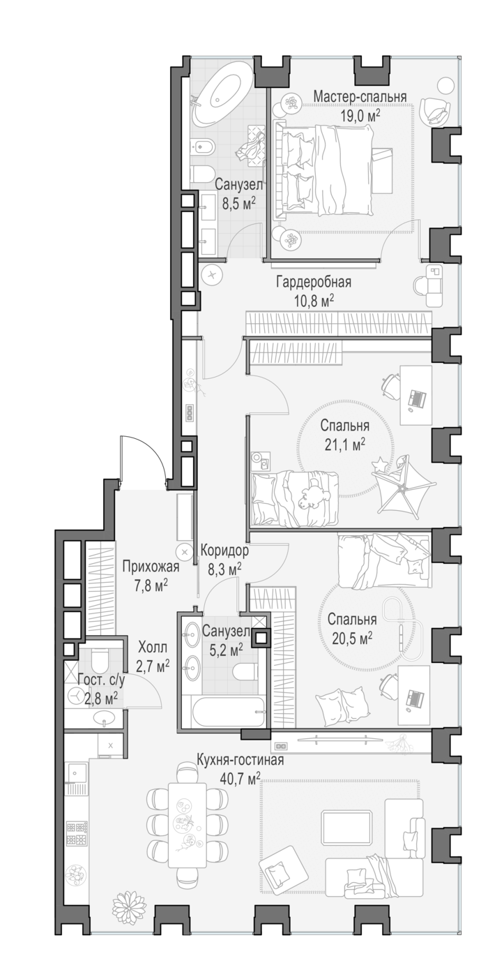 3 комн. квартира, 143.8 м², 20 этаж 