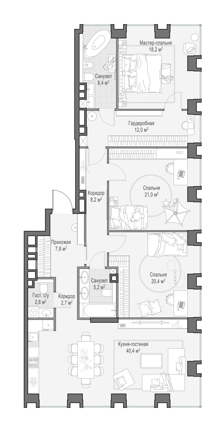3 комн. квартира, 148.5 м², 13 этаж 
