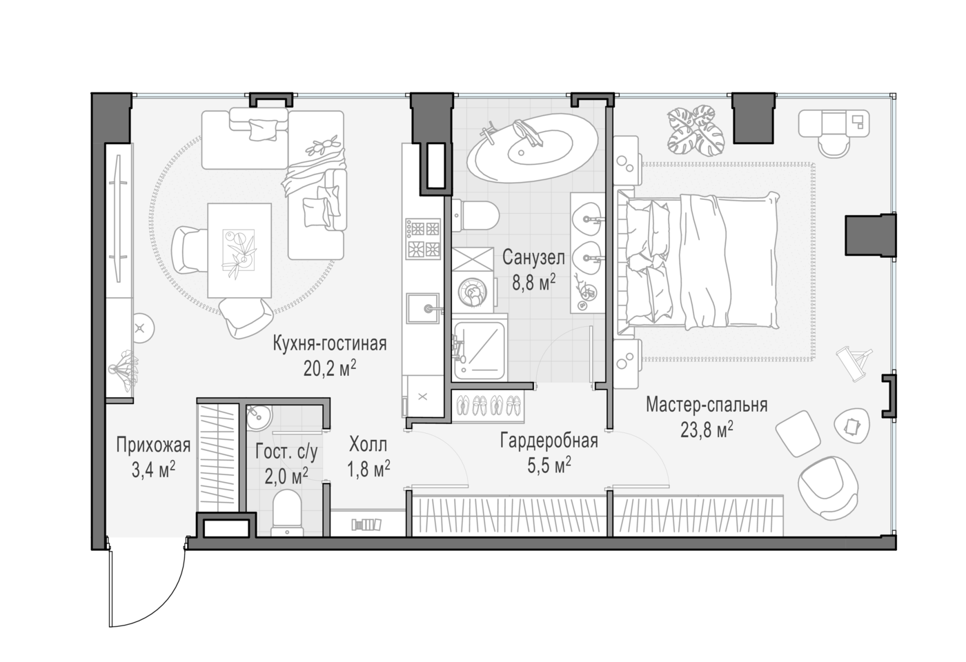 квартира со свободной планировкой, 65.9 м², 2 этаж 