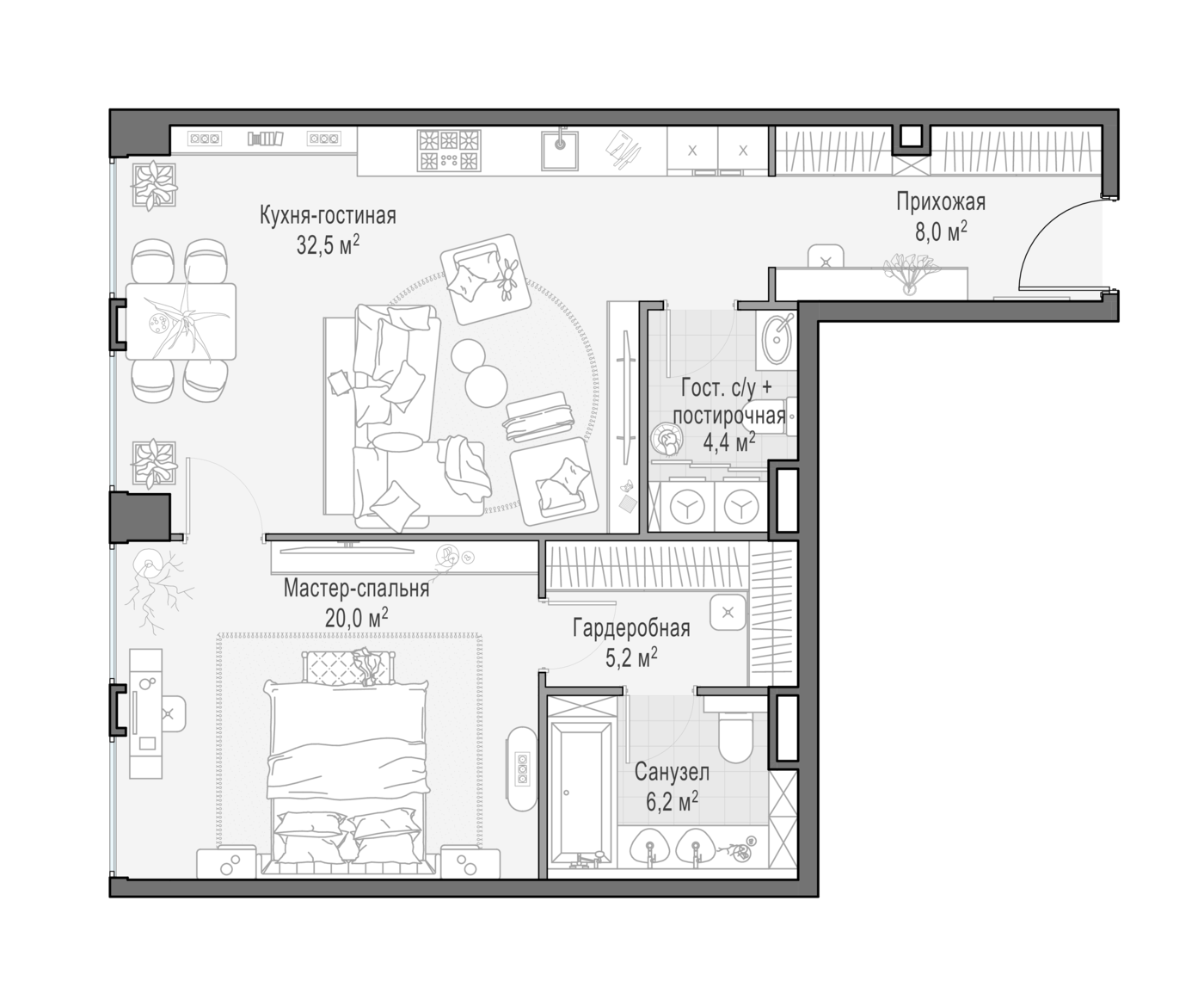 квартира со свободной планировкой, 76.5 м², 2 этаж 