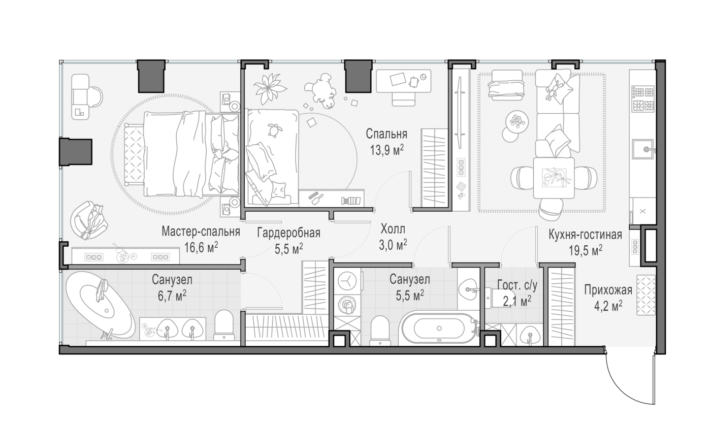 2 комн. квартира, 77.6 м², 2 этаж 