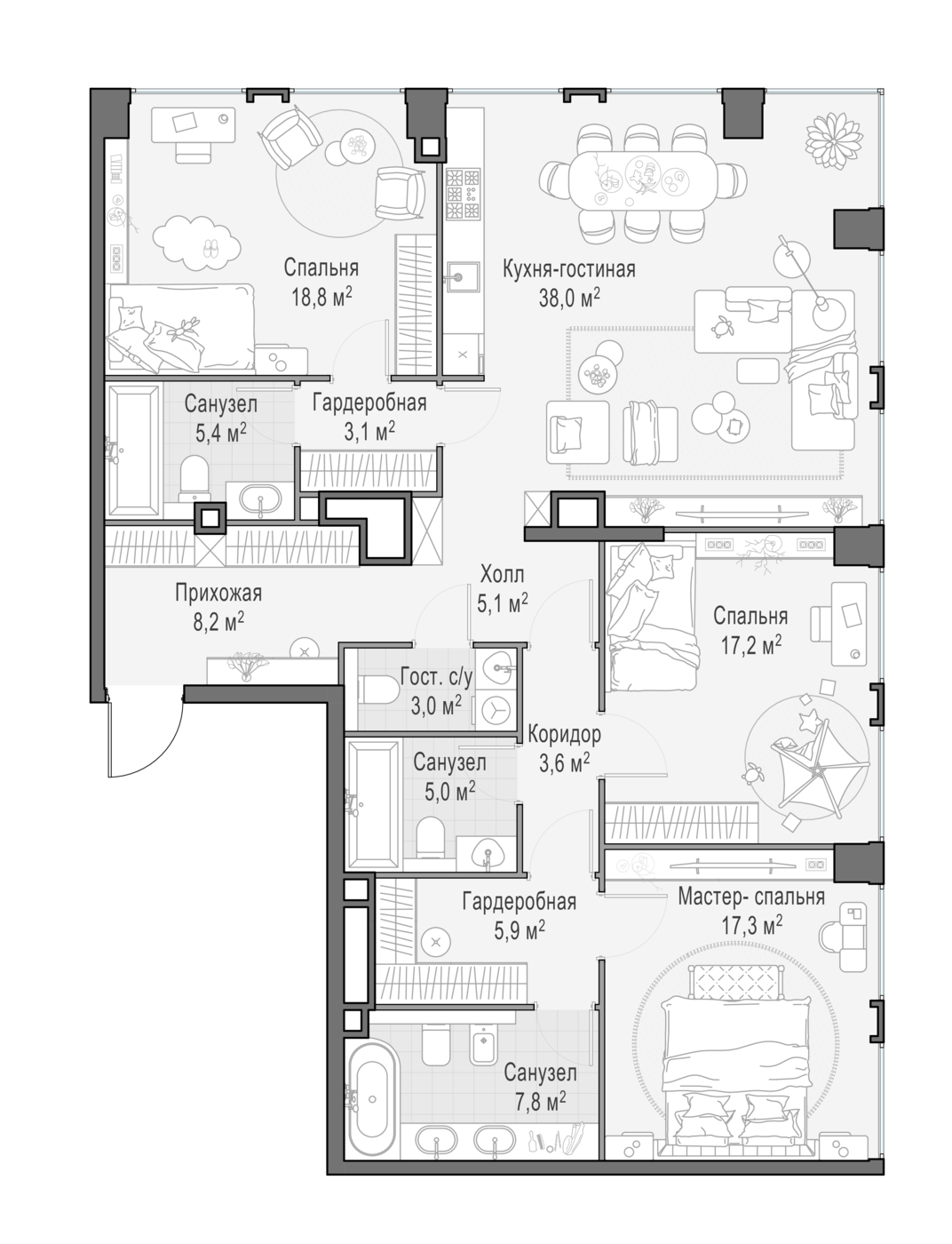 3 комн. квартира, 139 м², 20 этаж 