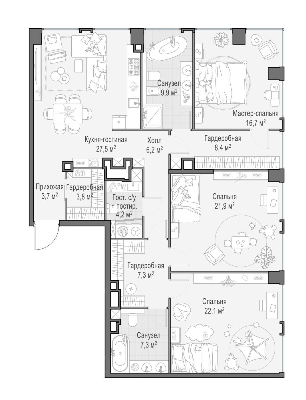 3 комн. квартира, 139.3 м², 13 этаж 