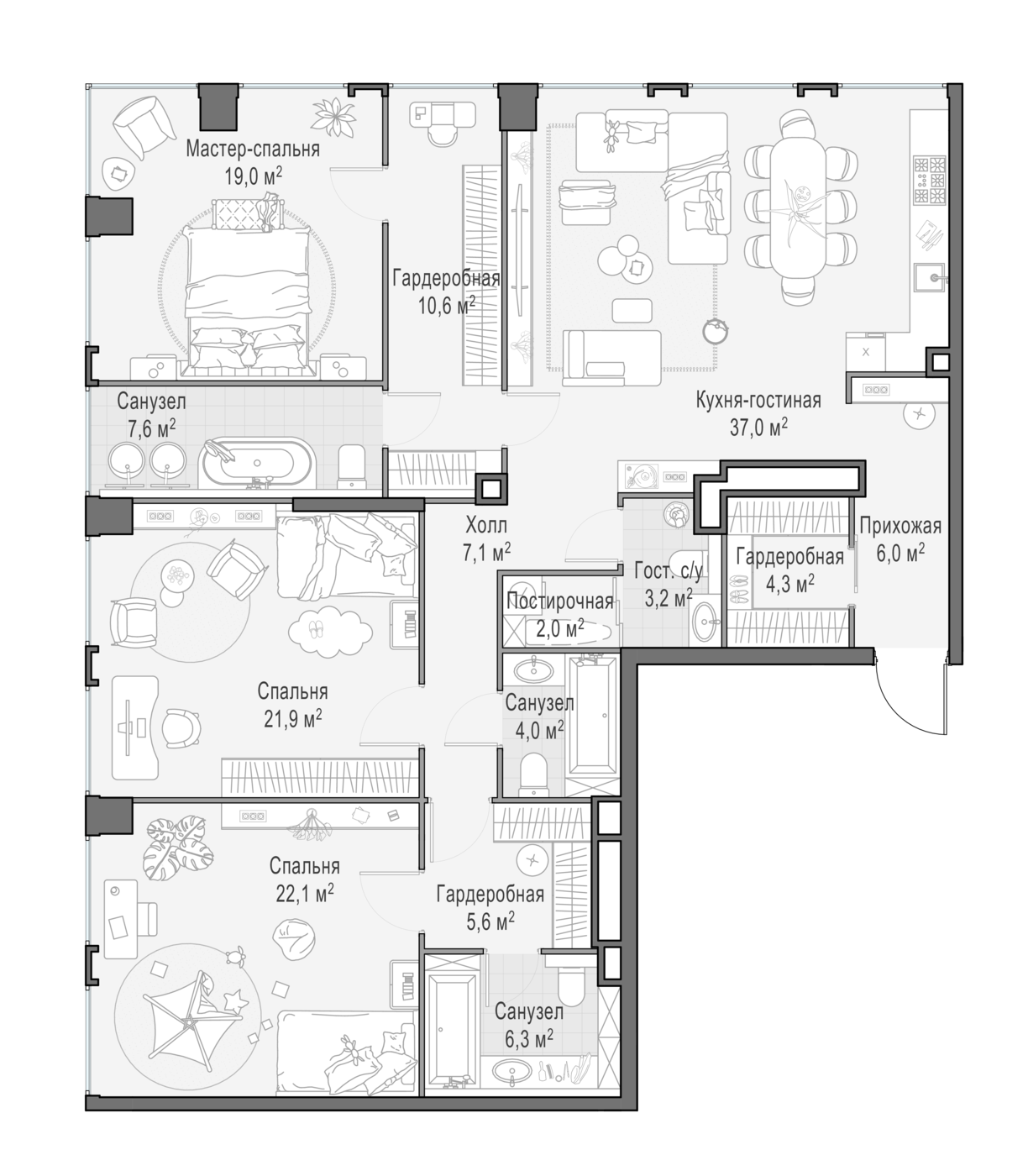 3 комн. квартира, 158.2 м², 19 этаж 
