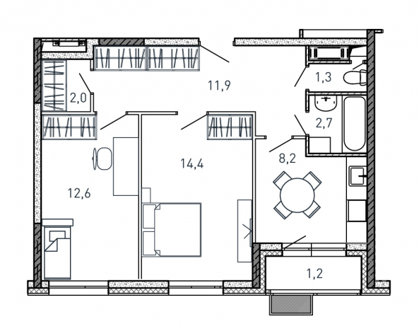 2 комн. квартира, 54.3 м², 3 этаж 