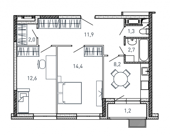 2 комн. квартира, 54.3 м², 14 этаж 
