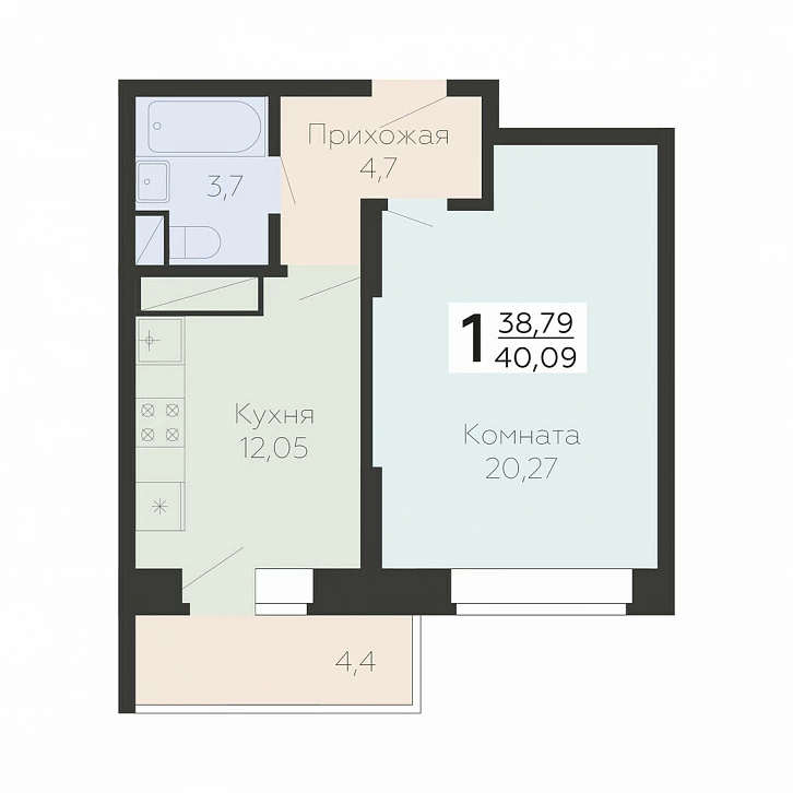 1 комн. квартира, 40.1 м², 13 этаж 