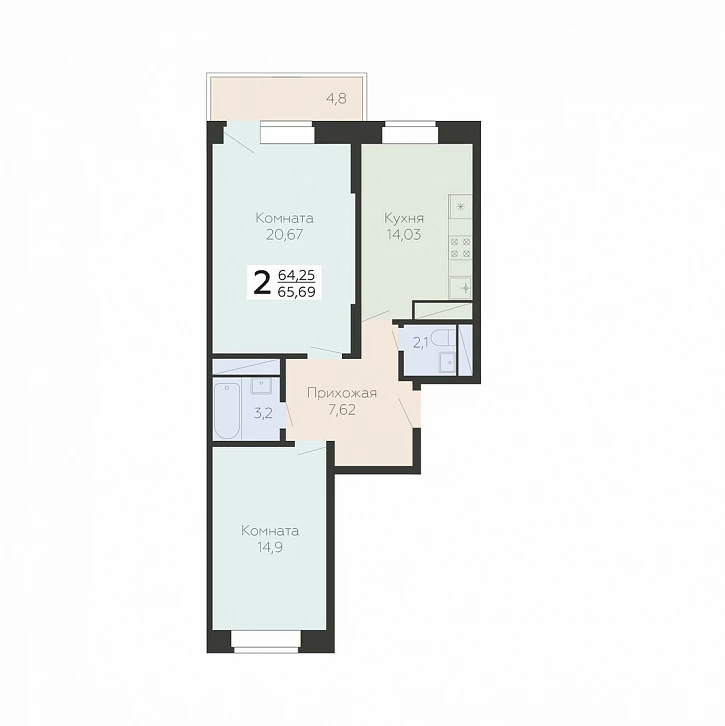 2 комн. квартира, 65.7 м², 9 этаж 