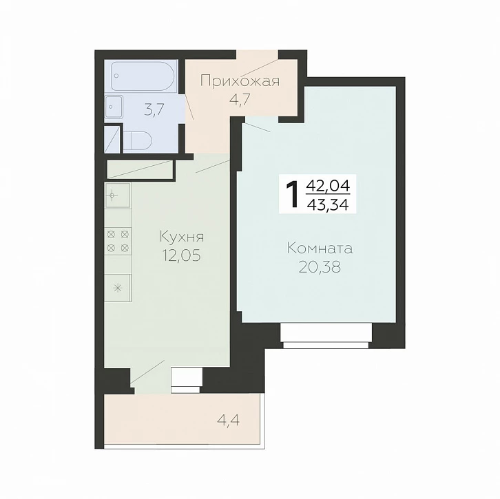 1 комн. квартира, 43.3 м², 7 этаж 