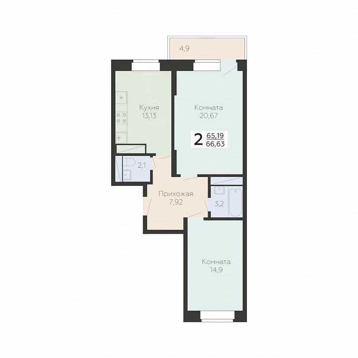 2 комн. квартира, 66.6 м², 18 этаж 