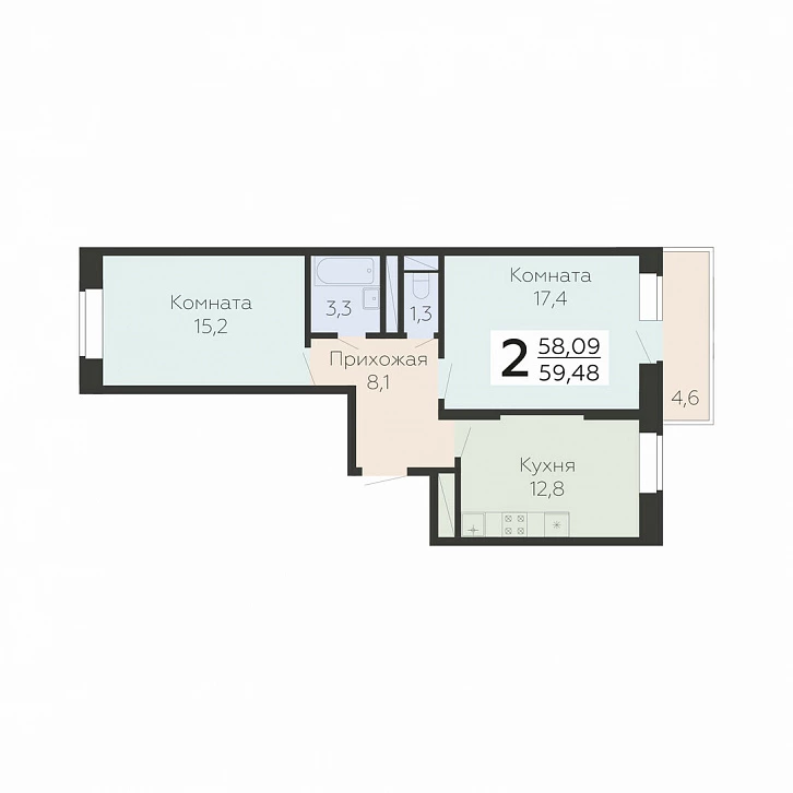 2 комн. квартира, 59.5 м², 7 этаж 