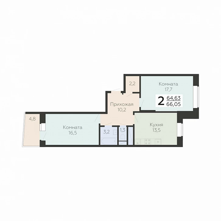 2 комн. квартира, 66 м², 22 этаж 