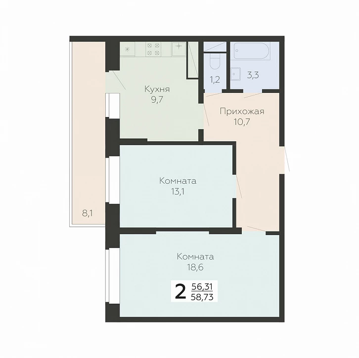 2 комн. квартира, 58.7 м², 9 этаж 