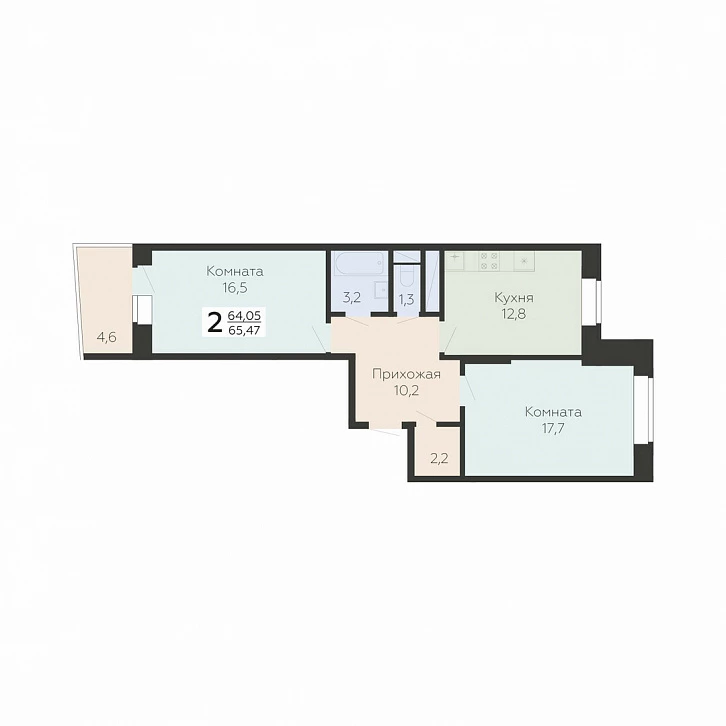 2 комн. квартира, 65.5 м², 6 этаж 