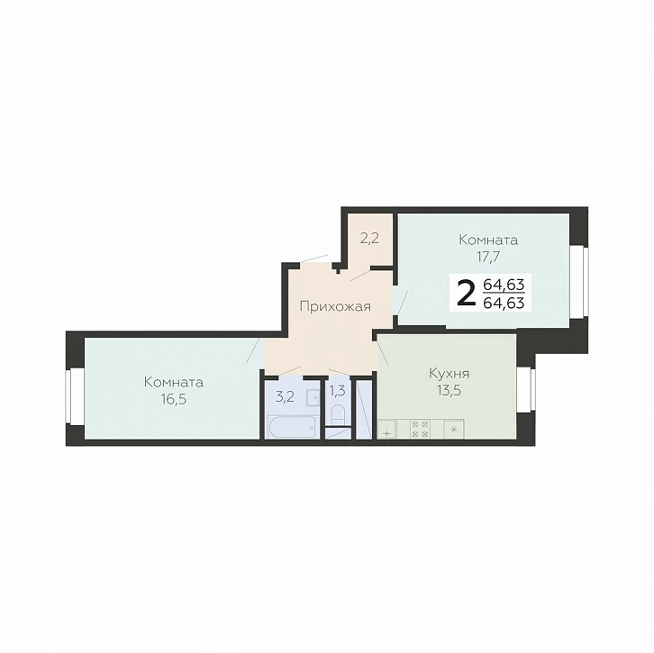 2 комн. квартира, 64.6 м², 3 этаж 