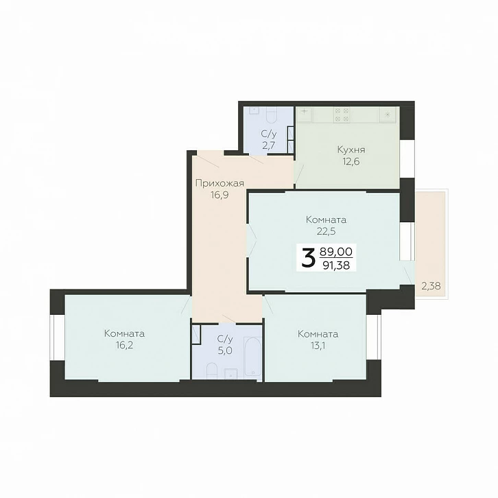 3 комн. квартира, 91.4 м², 5 этаж 