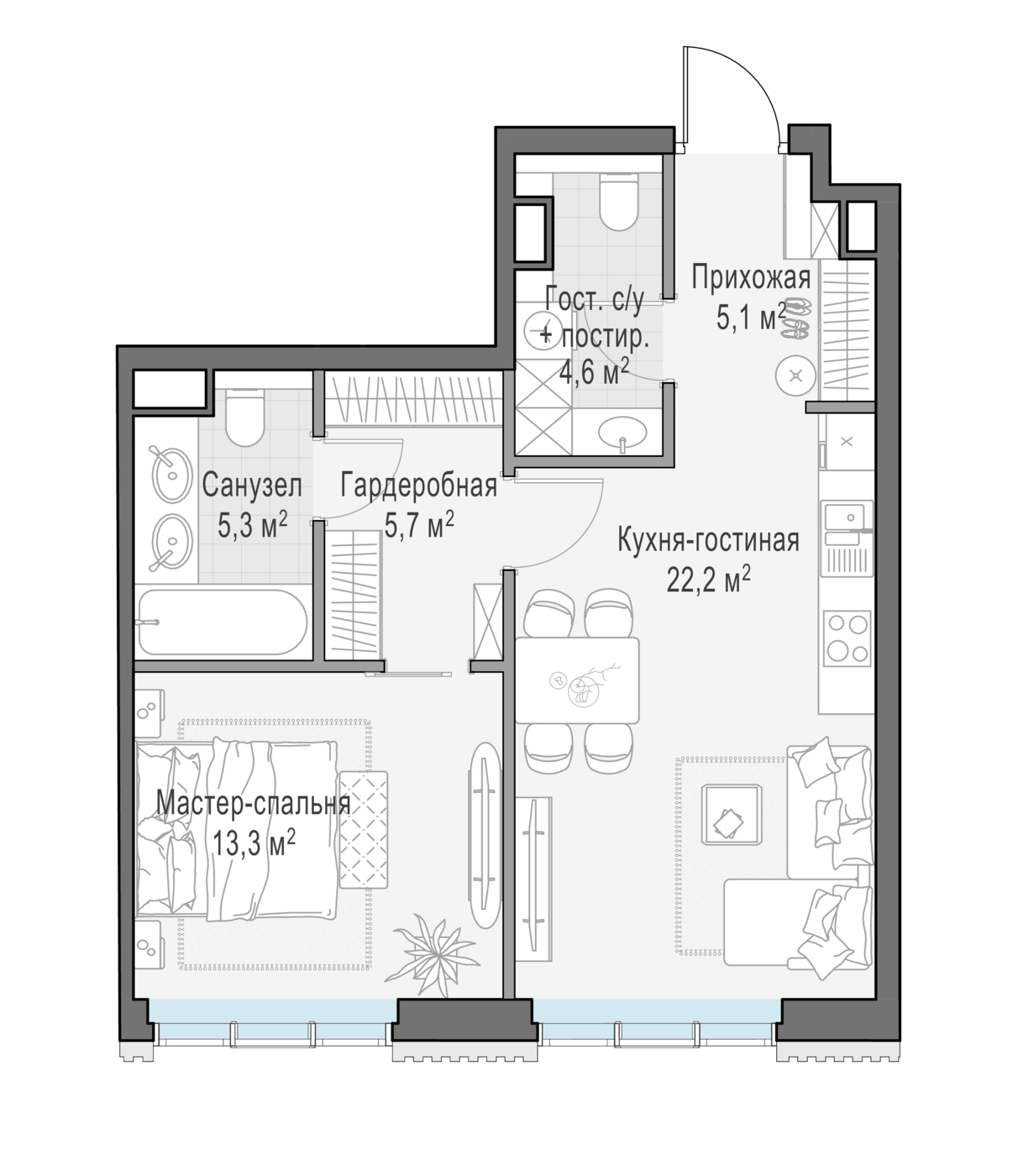 1 комн. квартира, 56.2 м², 2 этаж 