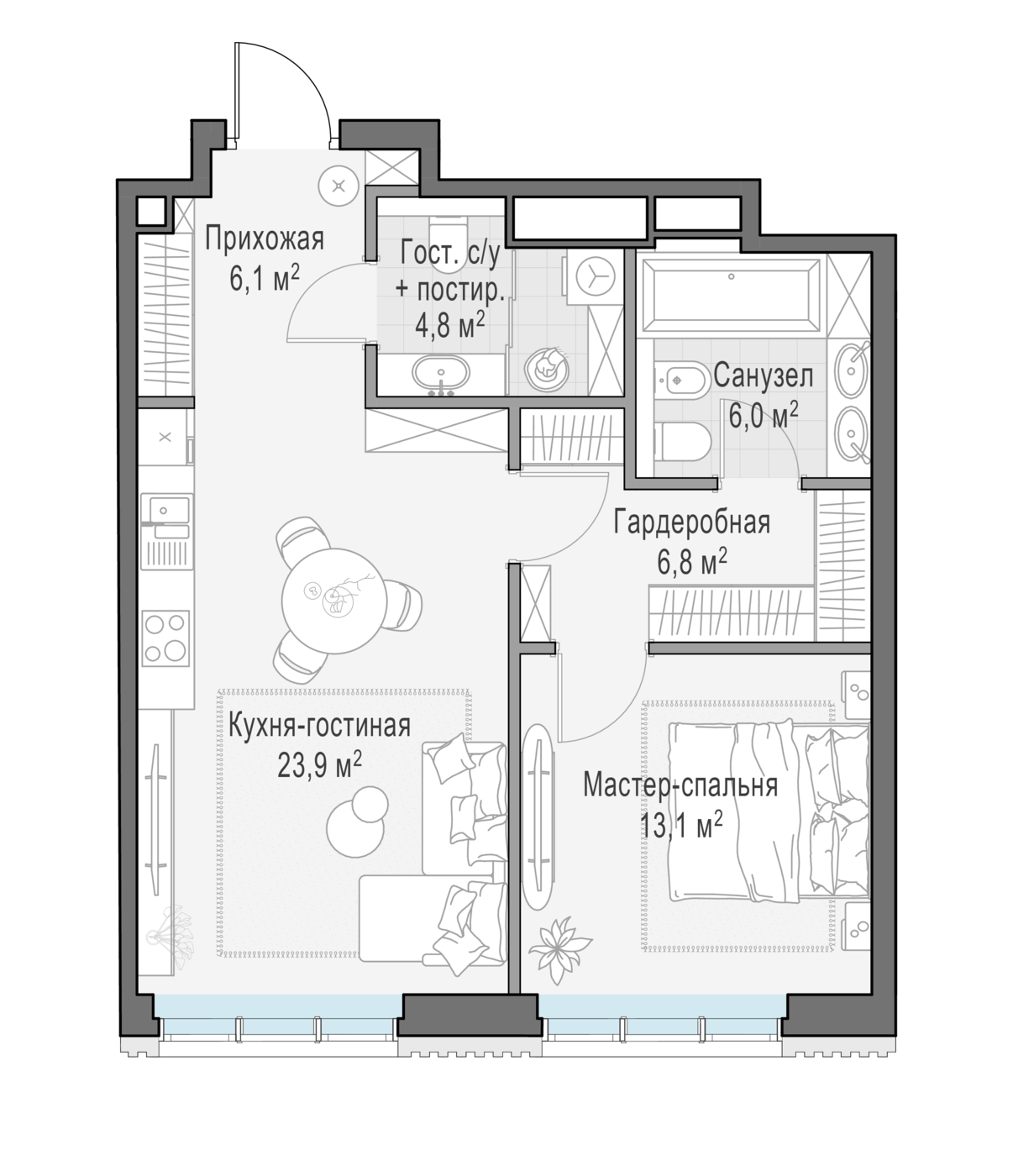 1 комн. квартира, 60.7 м², 6 этаж 