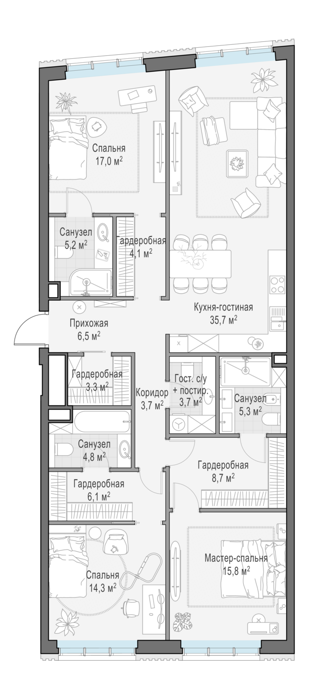 3 комн. квартира, 134.2 м², 5 этаж 