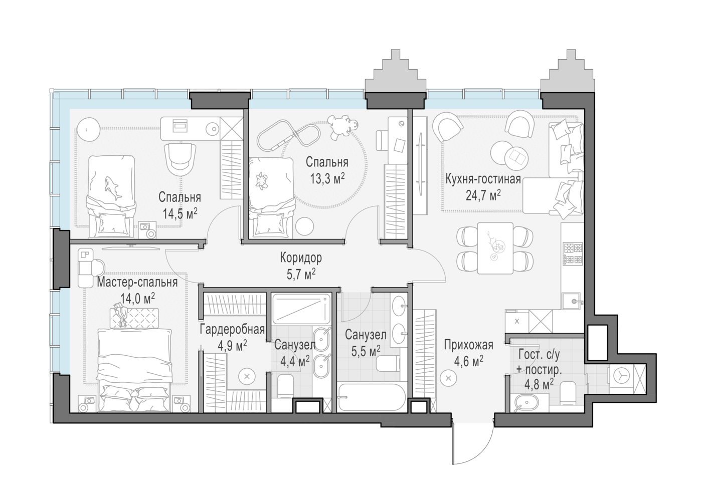 3 комн. квартира, 96.2 м², 2 этаж 