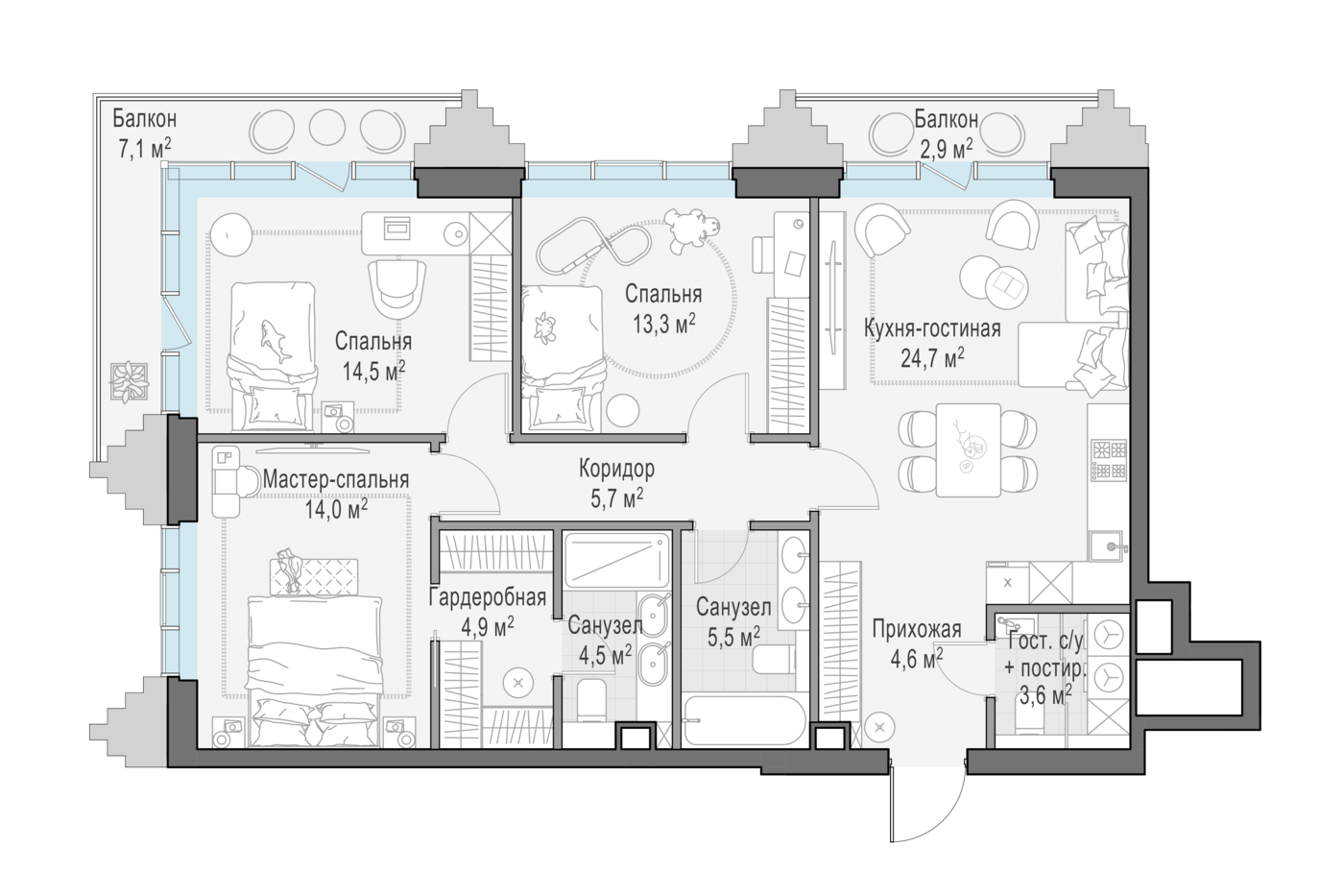 3 комн. квартира, 98.1 м², 3 этаж 