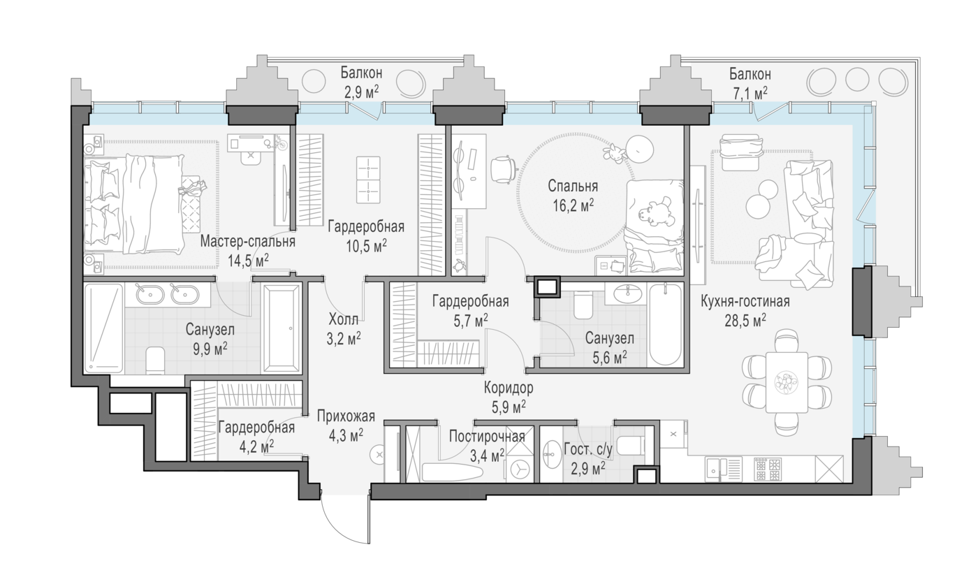 2 комн. квартира, 117.9 м², 5 этаж 