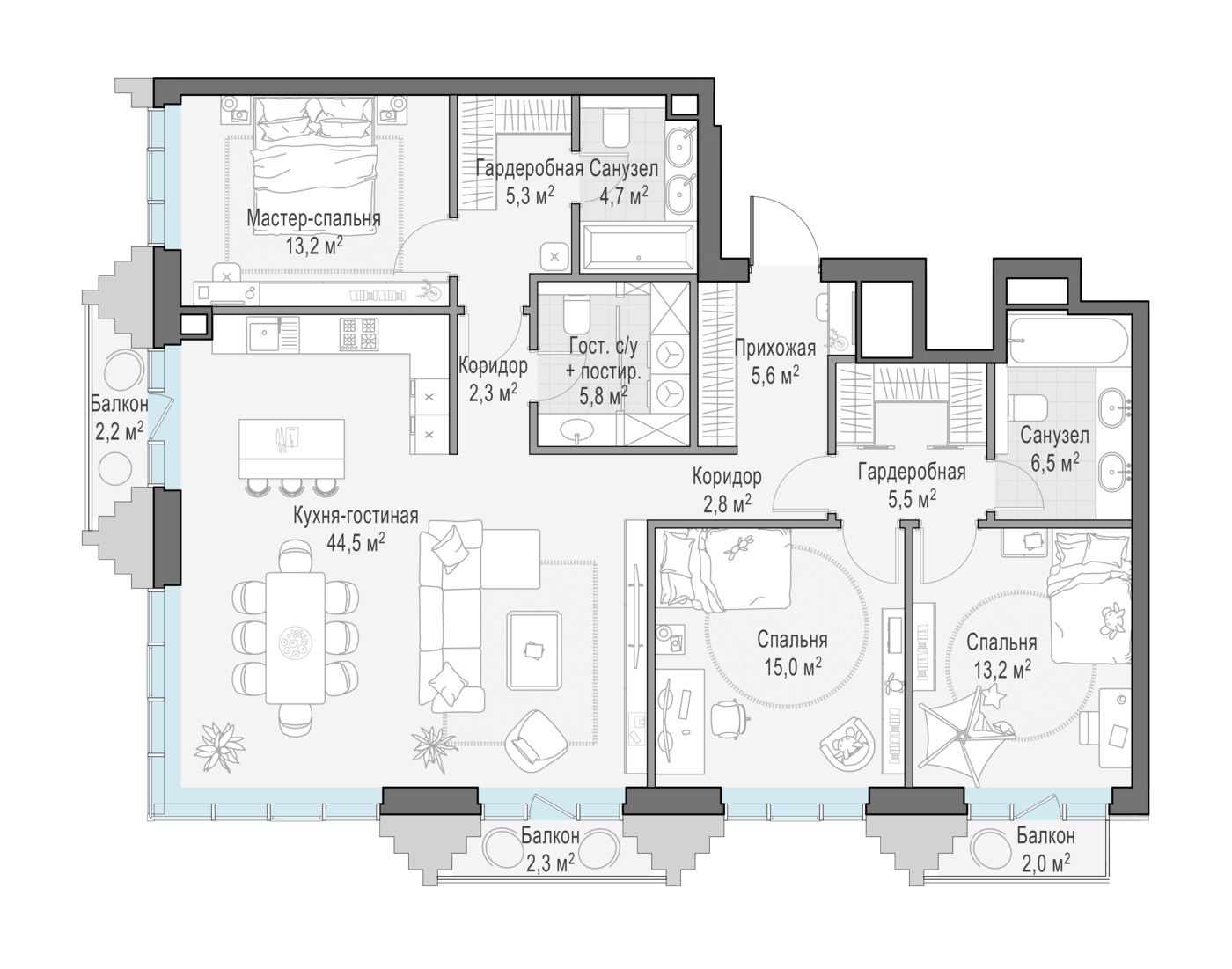 3 комн. квартира, 126 м², 6 этаж 