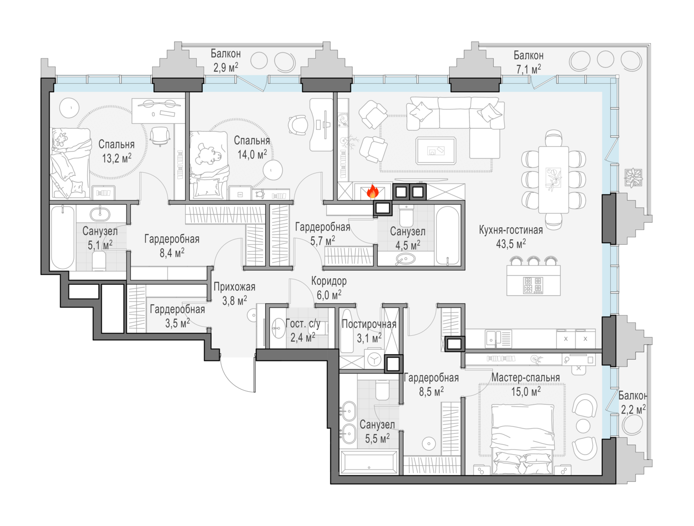3 комн. квартира, 146 м², 13 этаж 