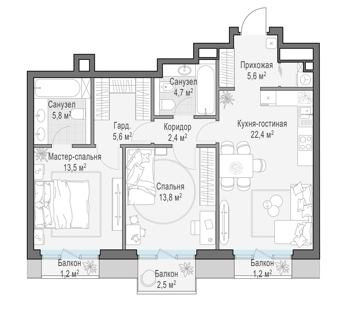 2 комн. квартира, 75.4 м², 4 этаж 