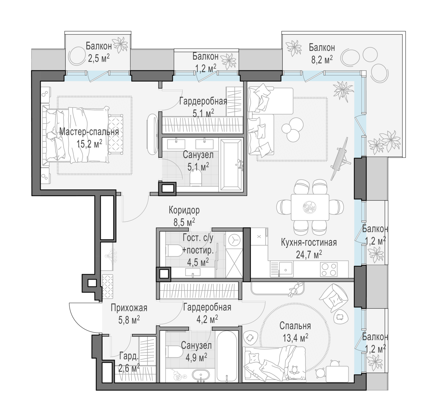 2 комн. квартира, 96.3 м², 3 этаж 