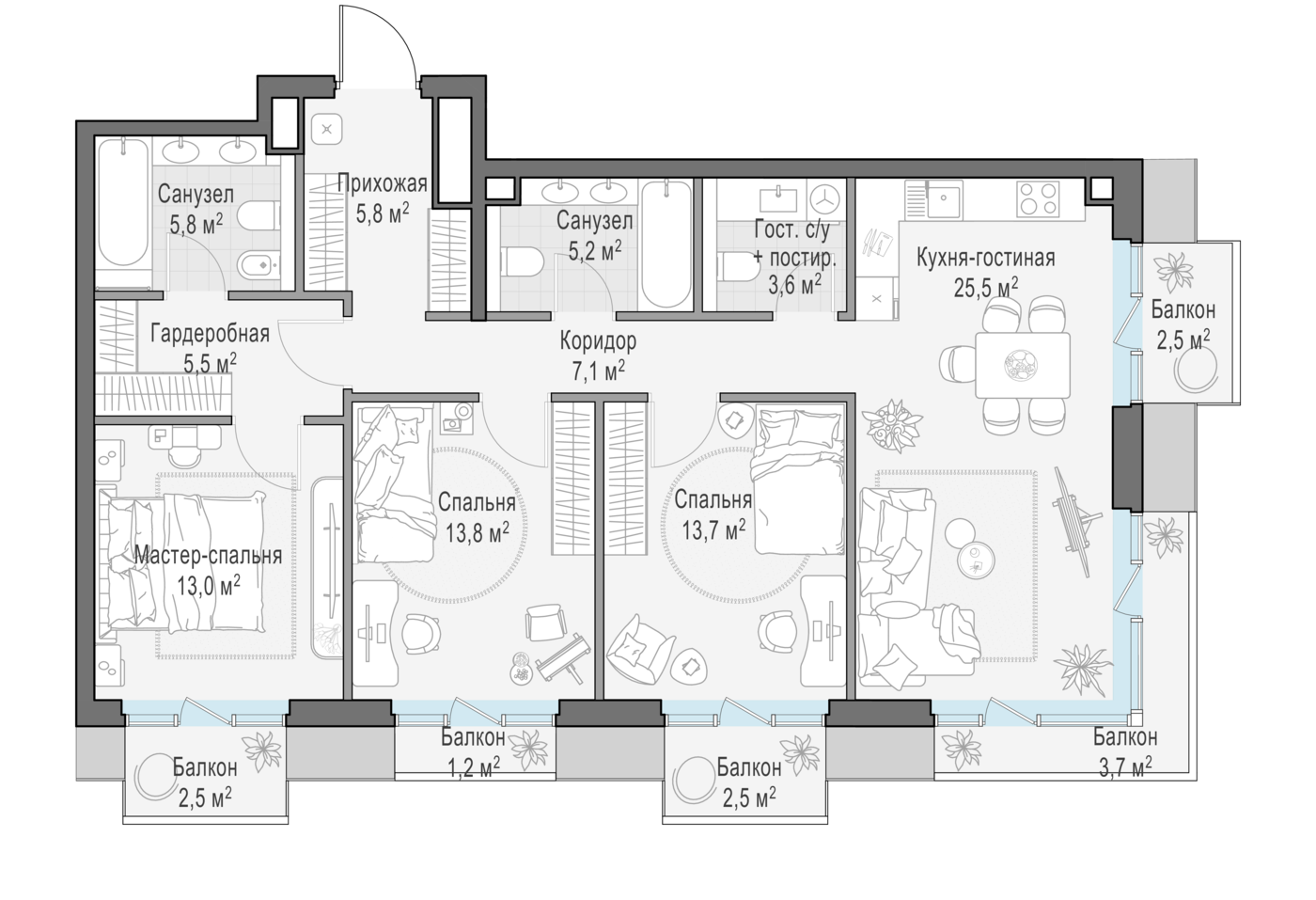 3 комн. квартира, 103.3 м², 3 этаж 