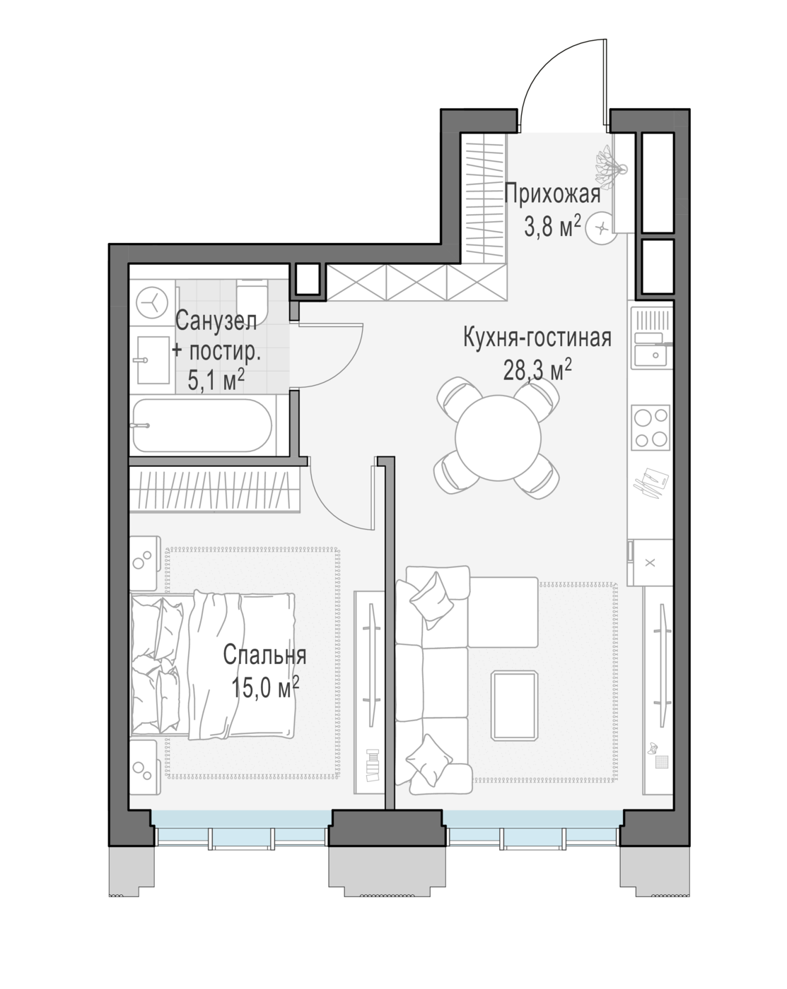 1 комн. квартира, 52.3 м², 7 этаж 