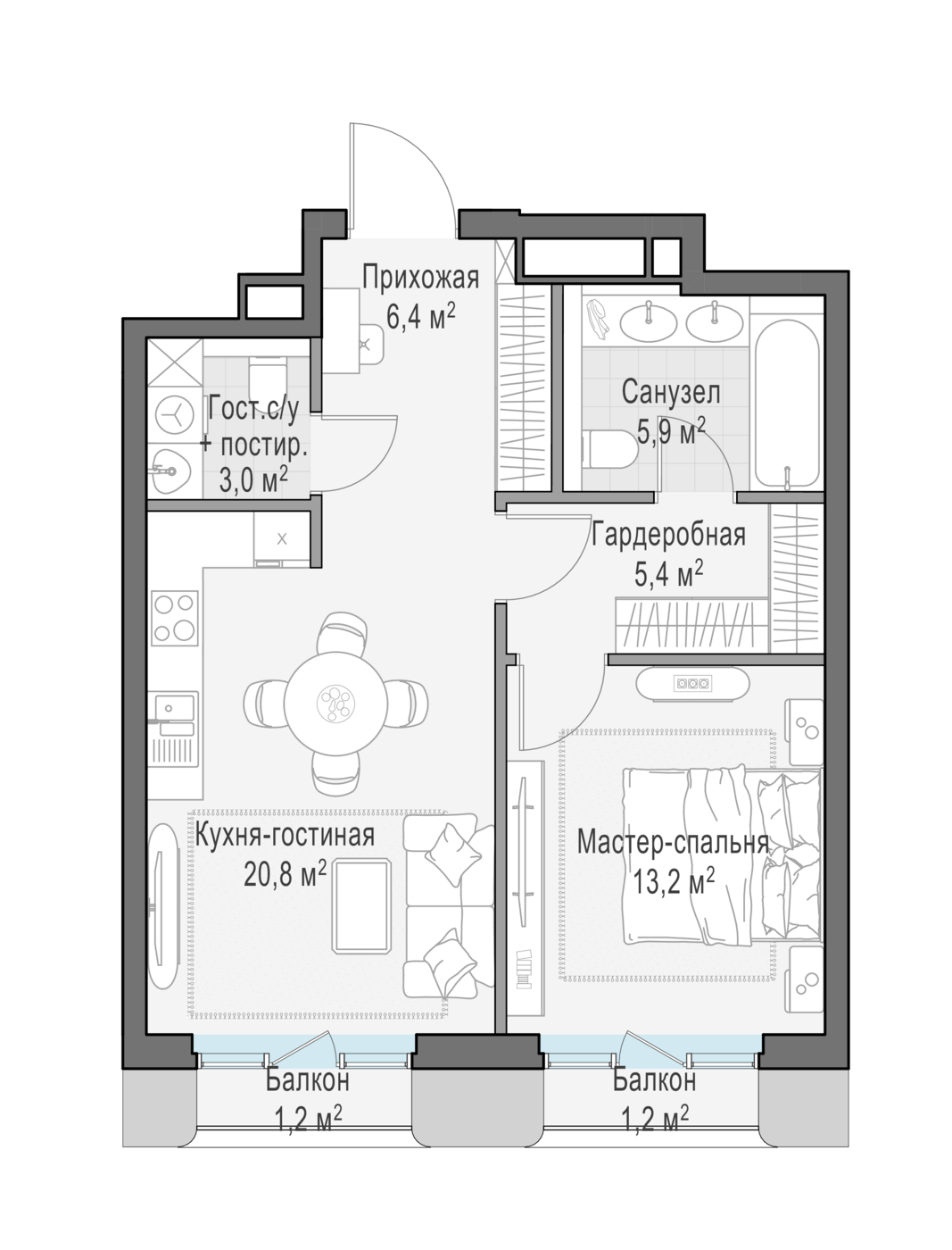 1 комн. квартира, 55.6 м², 6 этаж 
