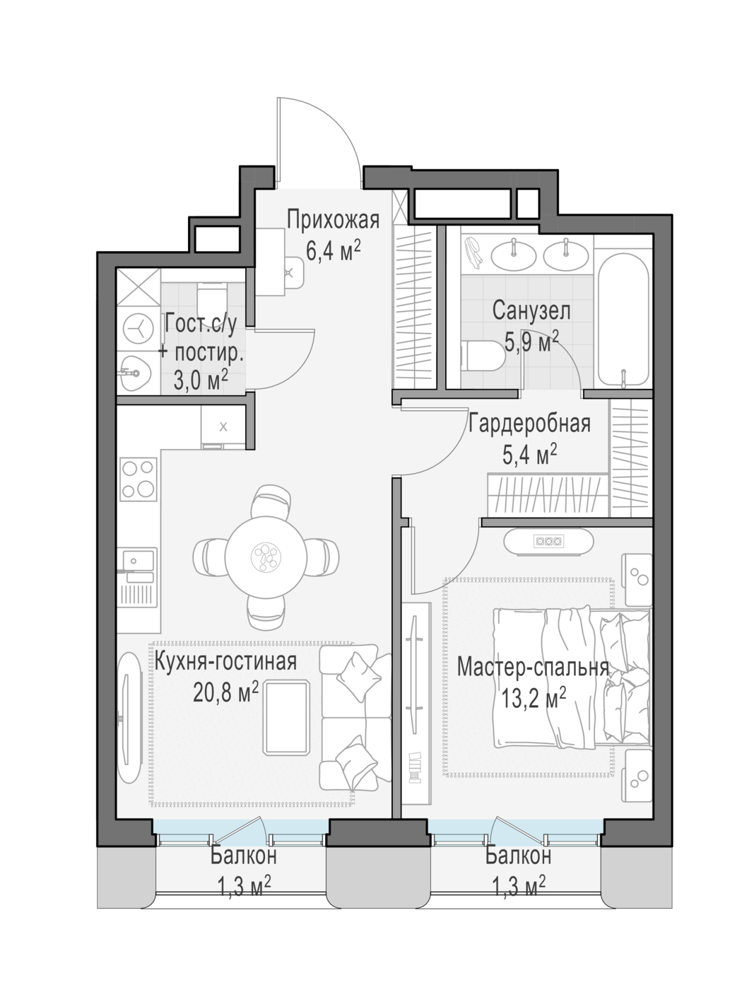 1 комн. квартира, 55.6 м², 3 этаж 