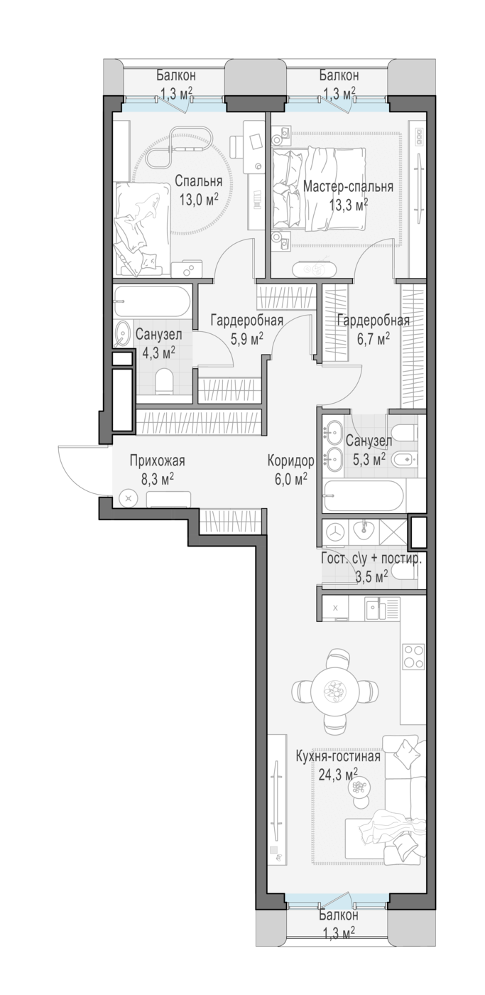 2 комн. квартира, 91.8 м², 3 этаж 