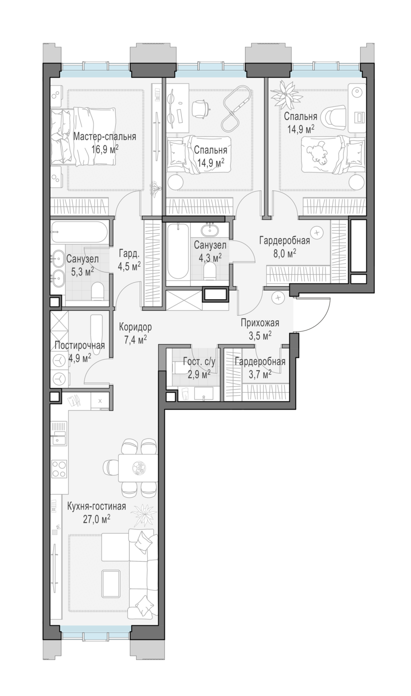 3 комн. квартира, 118.8 м², 3 этаж 