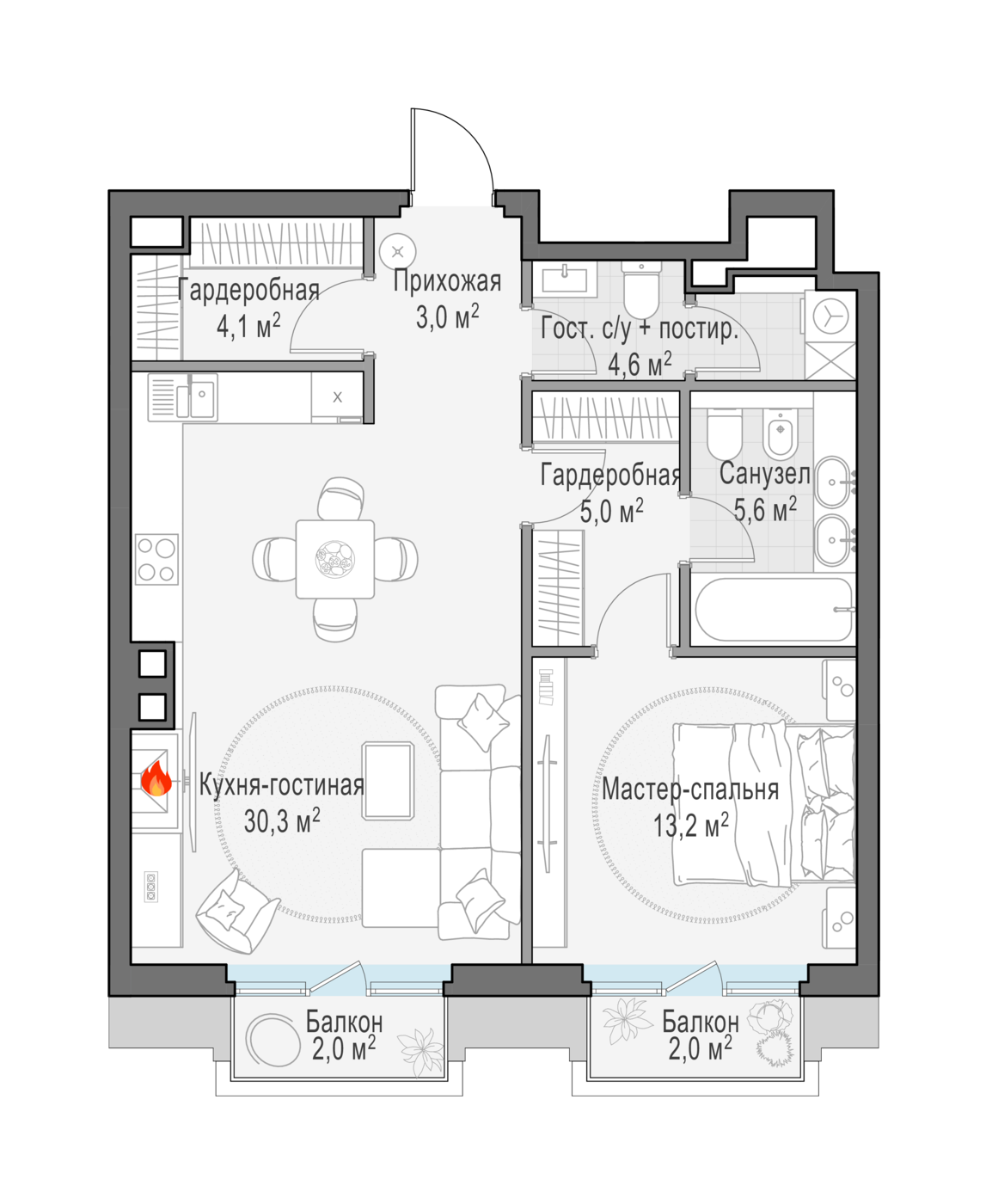 квартира со свободной планировкой, 68.2 м², 5 этаж 