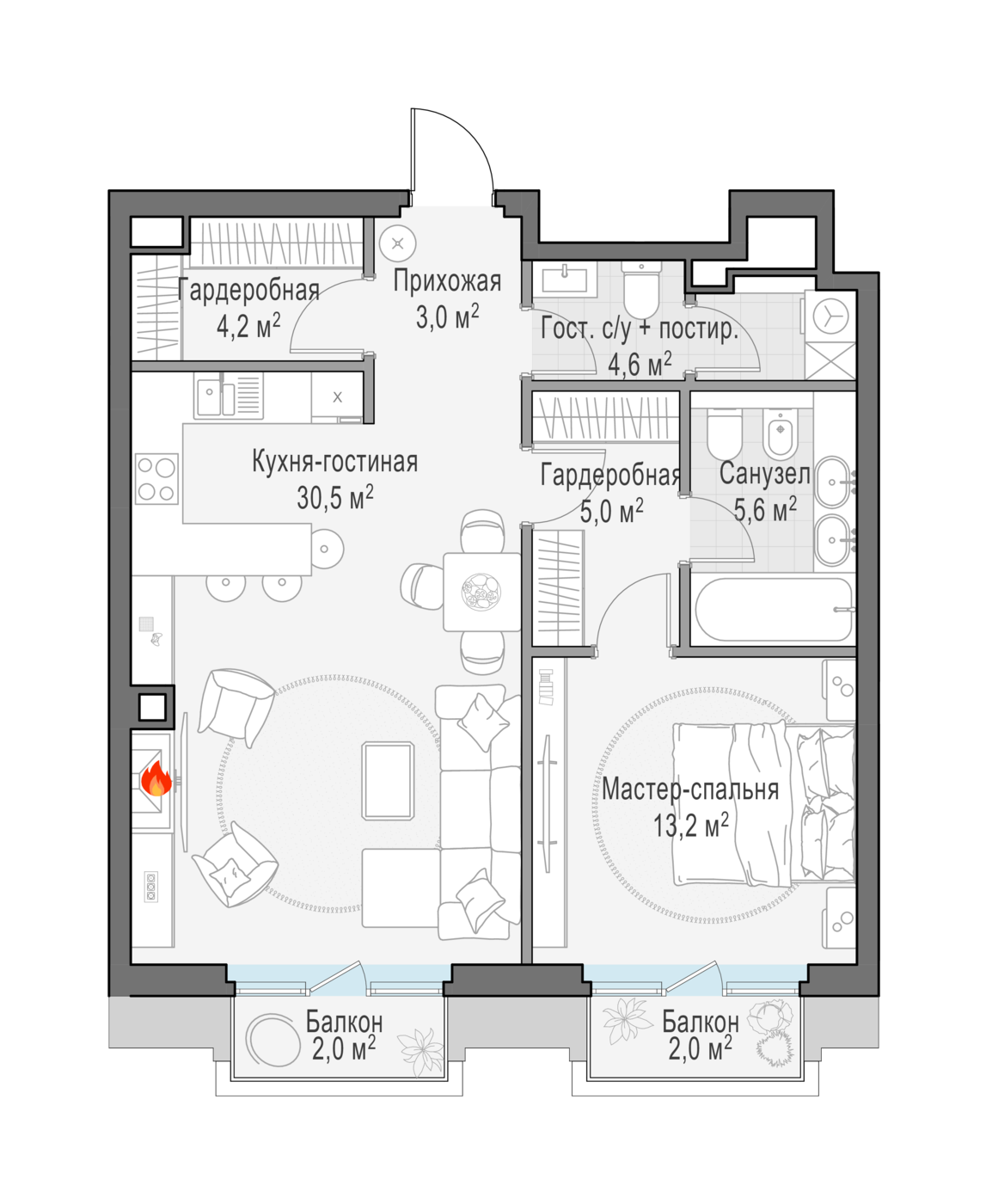 квартира со свободной планировкой, 68.5 м², 4 этаж 