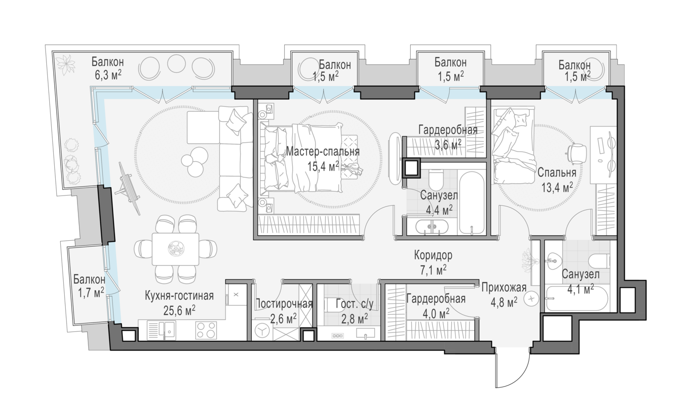 2 комн. квартира, 94.6 м², 3 этаж 