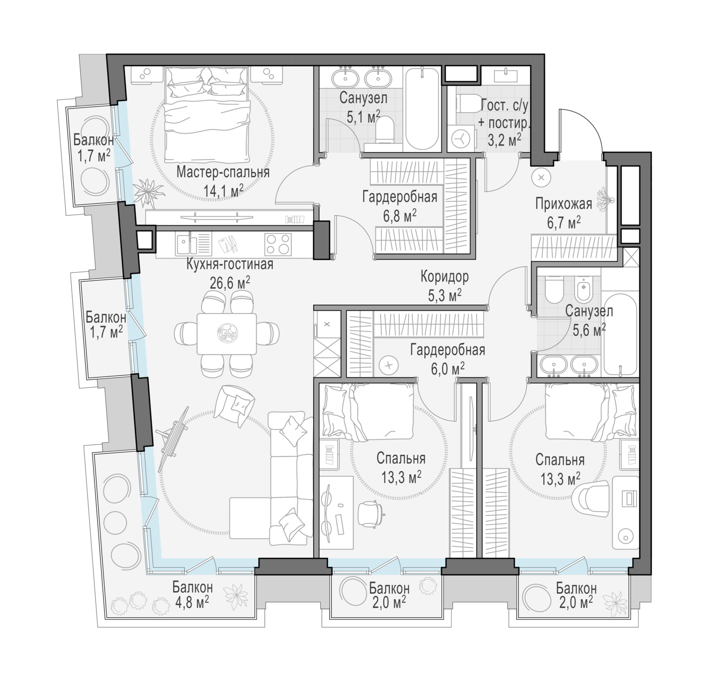 3 комн. квартира, 111.9 м², 3 этаж 