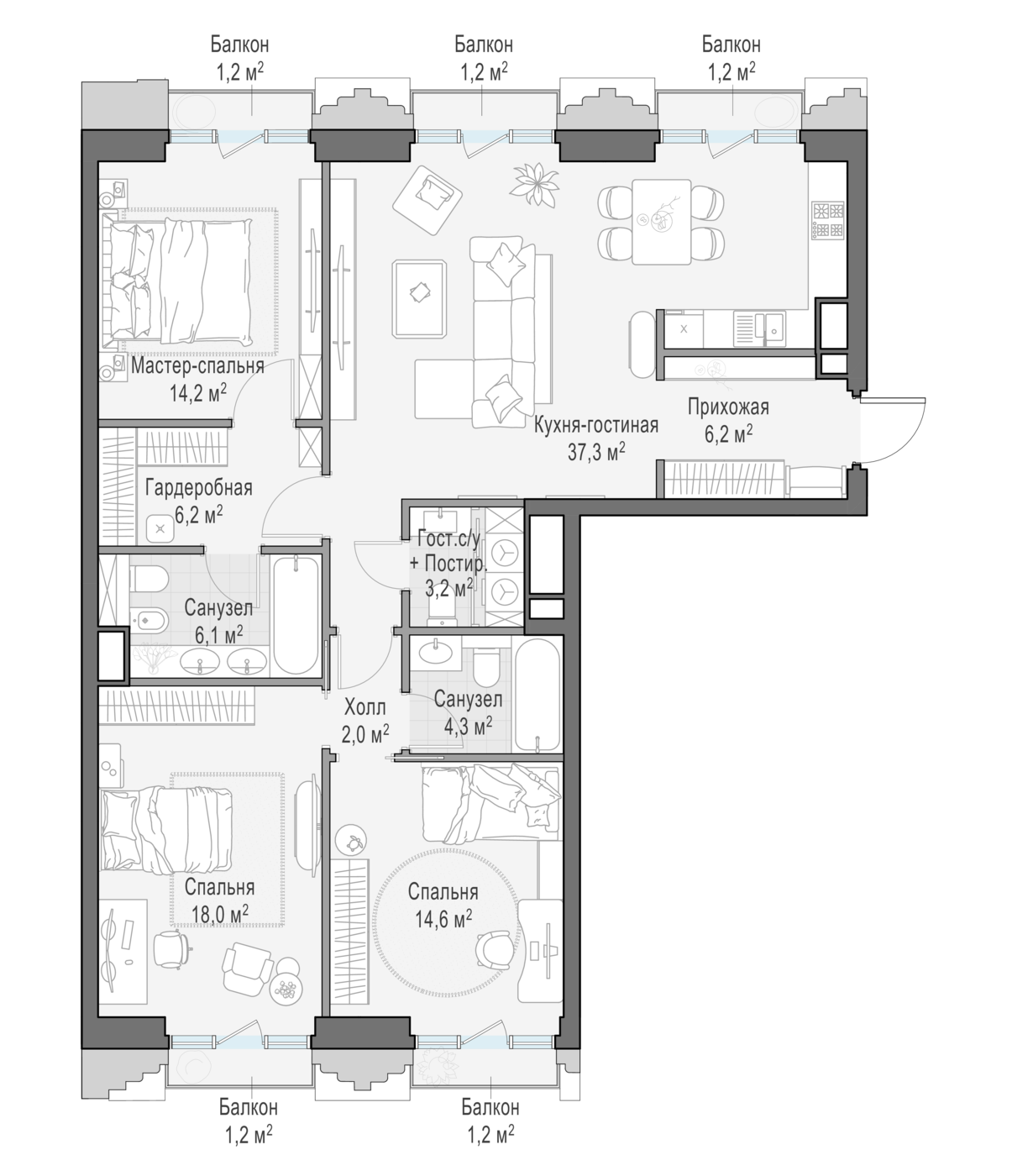 3 комн. квартира, 114.1 м², 7 этаж 