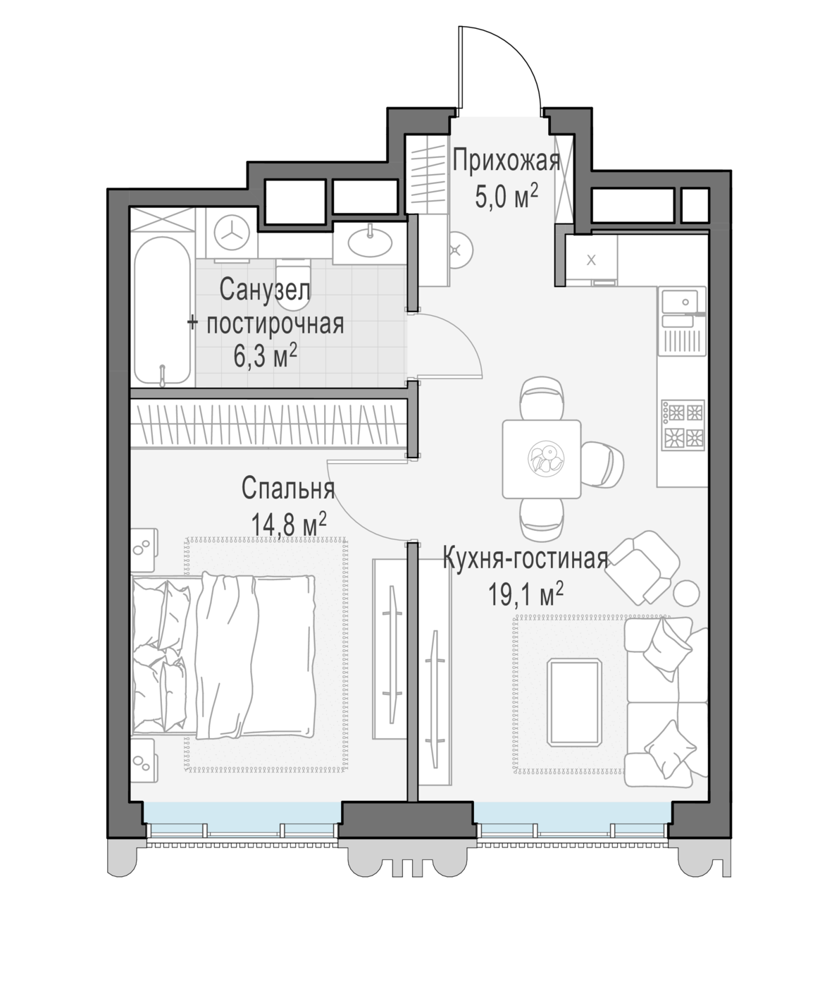 1 комн. квартира, 44.9 м², 8 этаж 