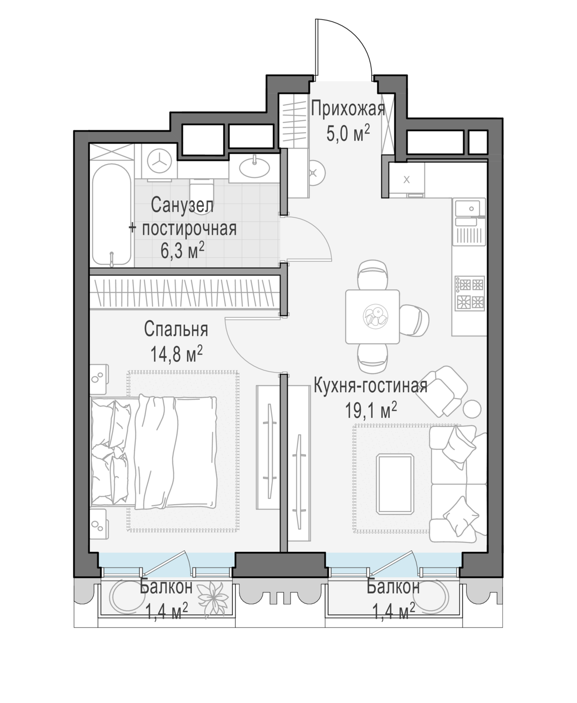 1 комн. квартира, 45.7 м², 3 этаж 