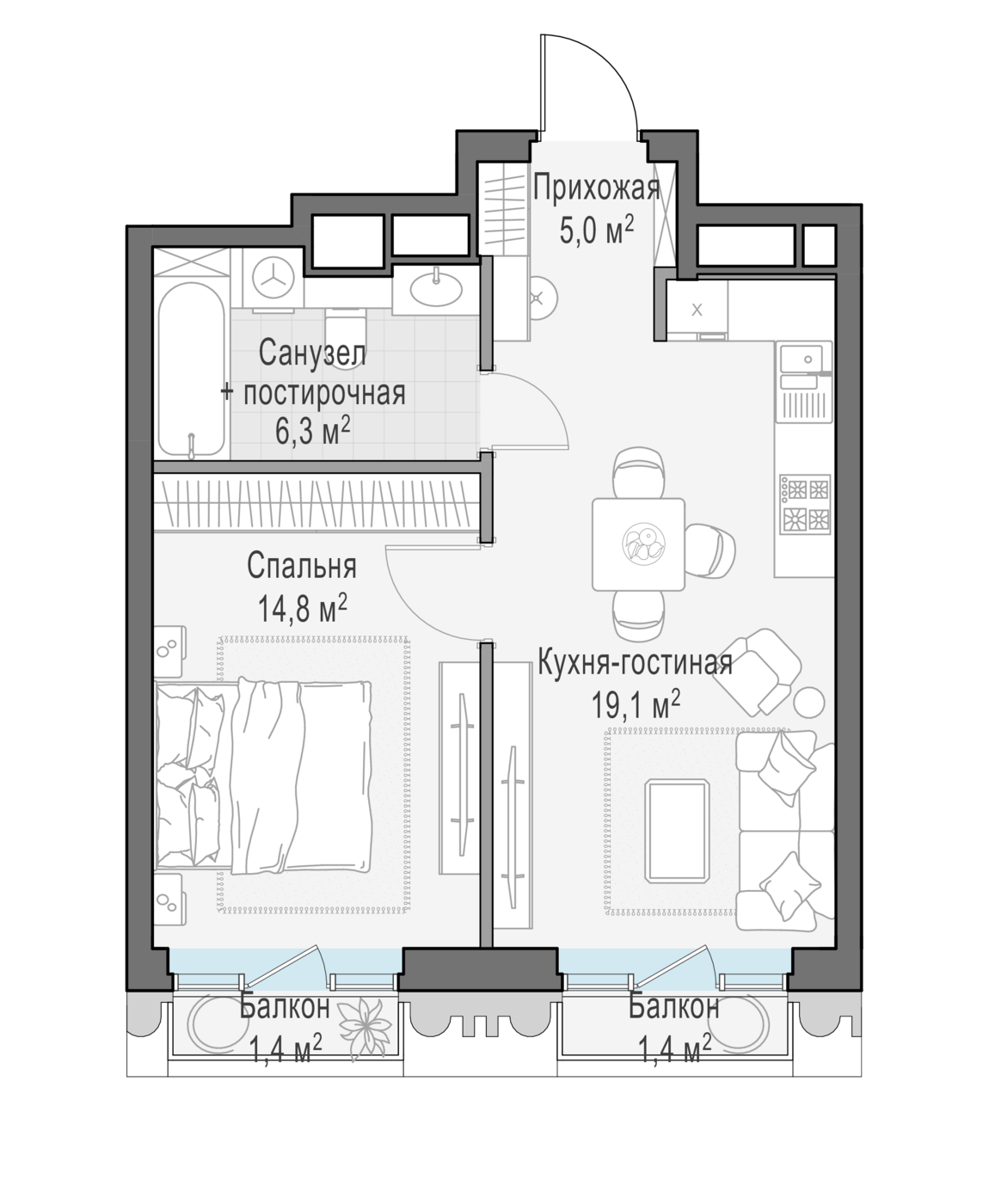 1 комн. квартира, 45.7 м², 7 этаж 