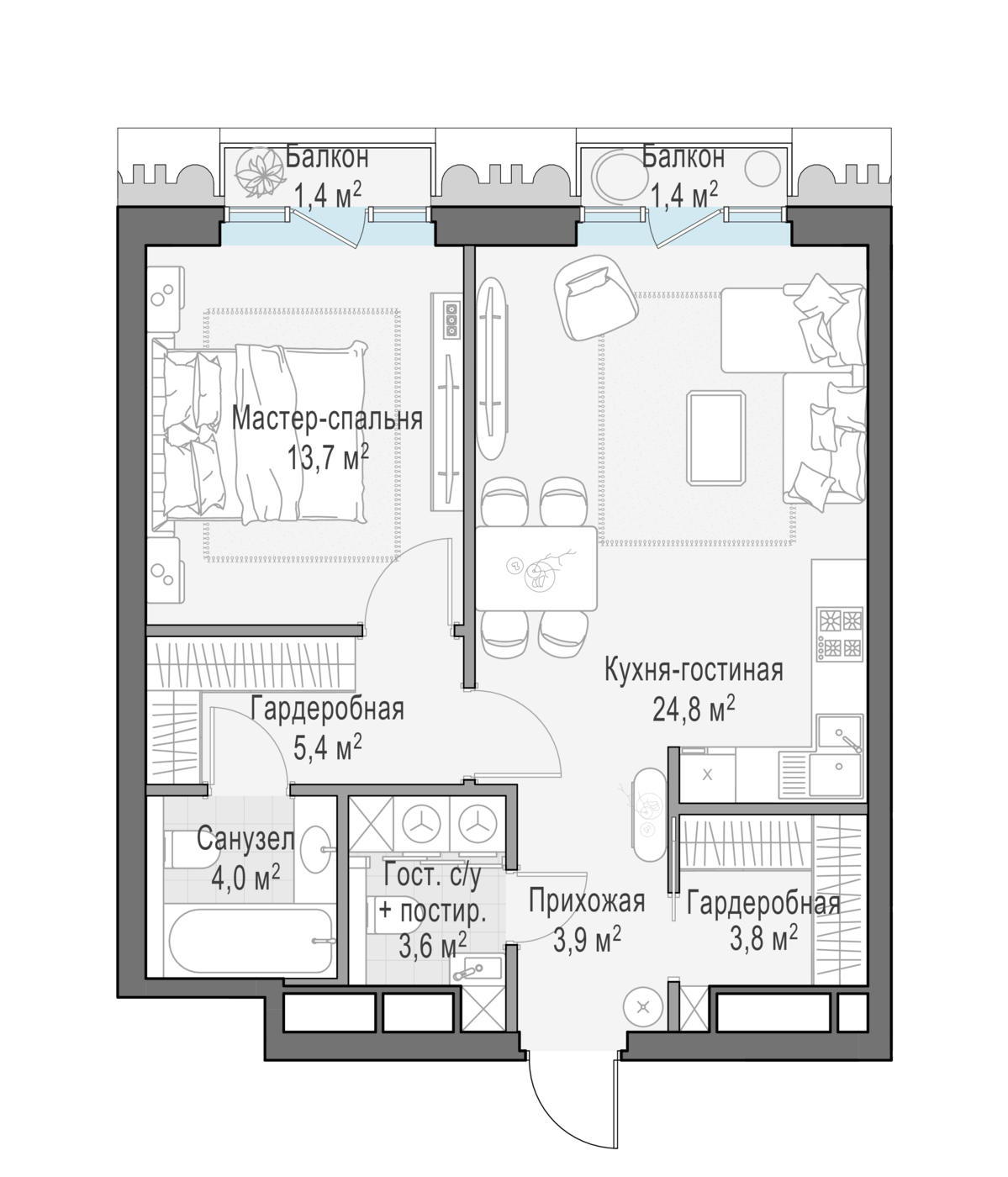 1 комн. квартира, 60.2 м², 5 этаж 